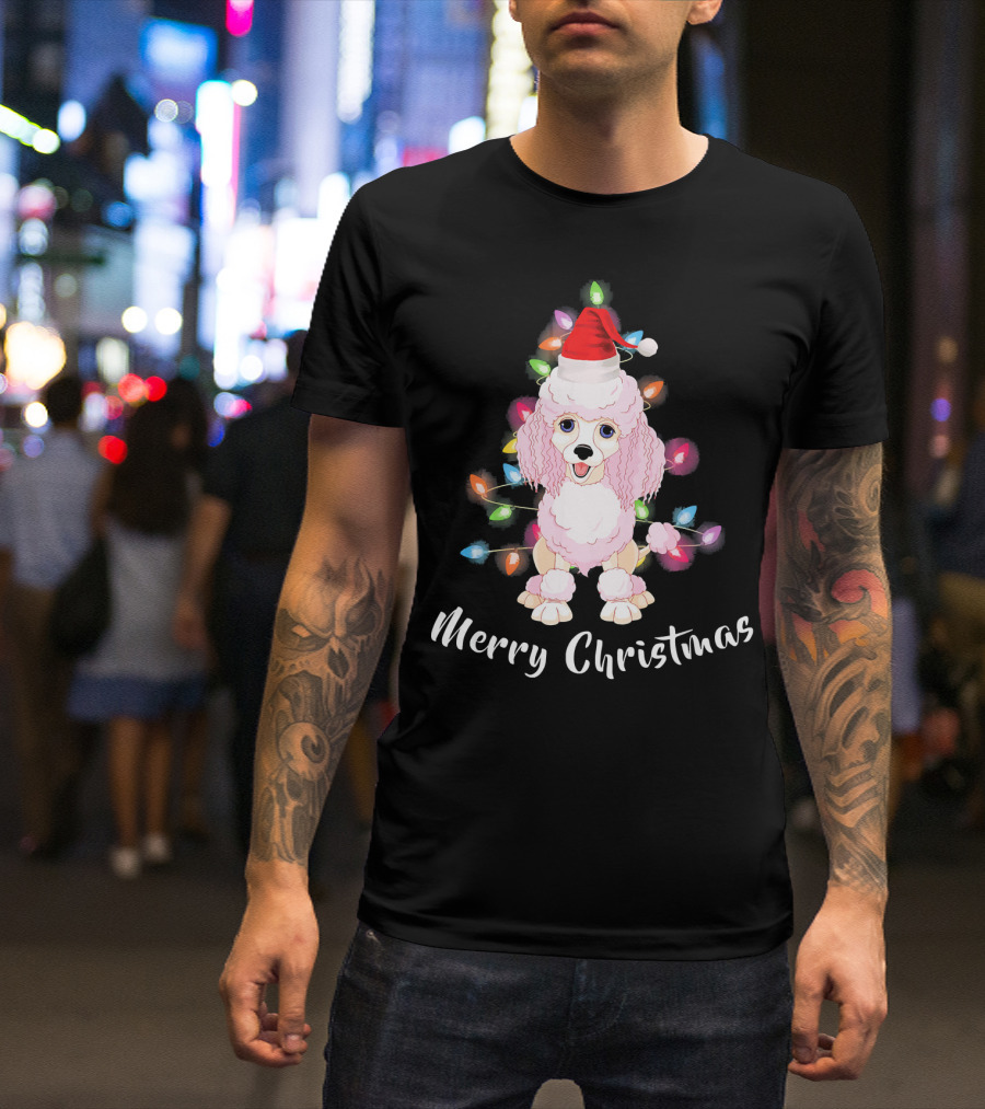 Merry Christmas Poodle Santa With Colorful Holiday Lights T-Shirt