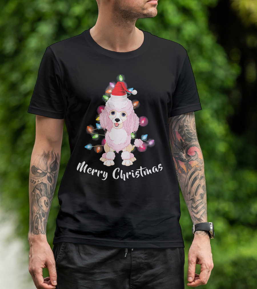 Merry Christmas Poodle Santa With Colorful Holiday Lights T-Shirt