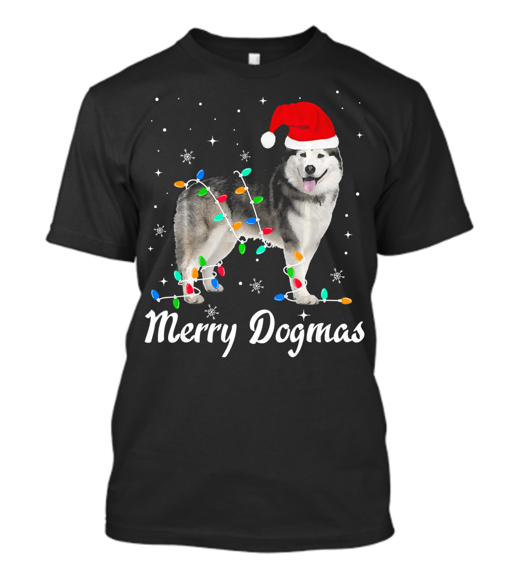 Merry Dogmas Christmas Lights Siberian Husky With Santa Hat T-Shirt