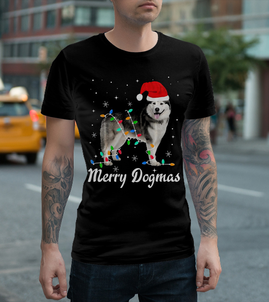 Merry Dogmas Christmas Lights Siberian Husky With Santa Hat T-Shirt