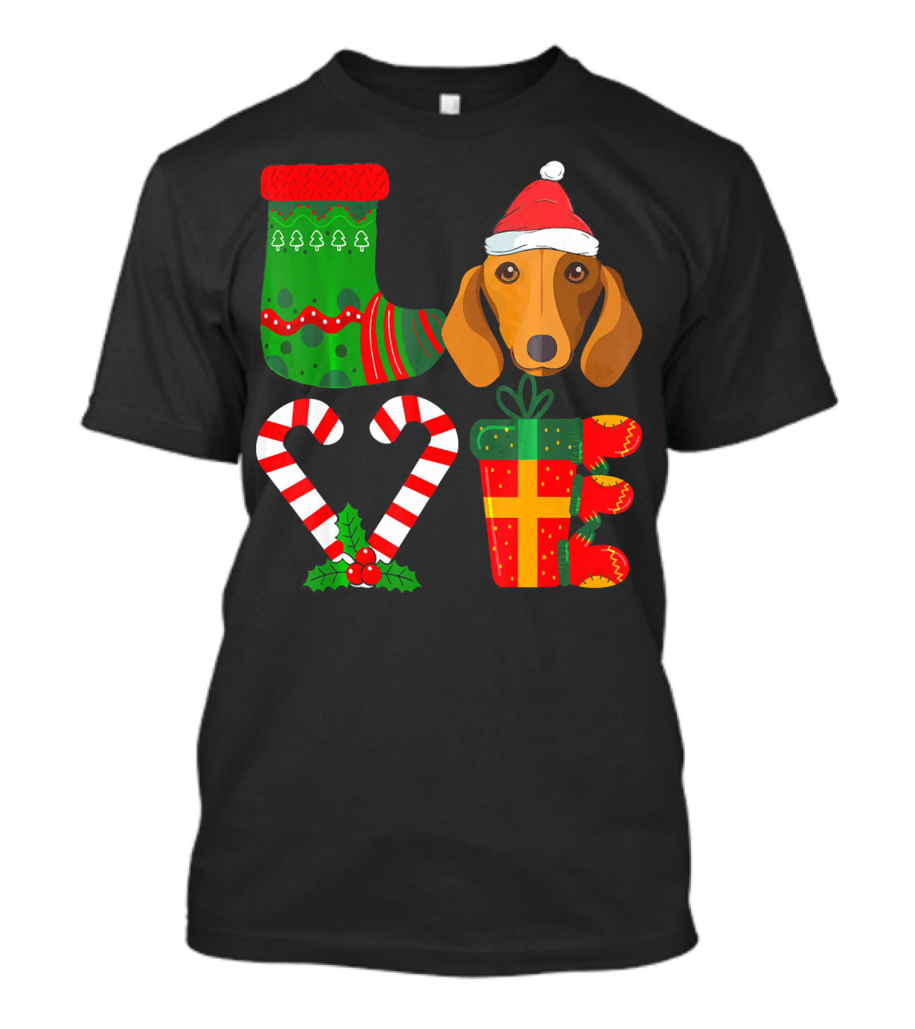Lover Dachshund Christmas Funny Dog Cute Santa Hat And Candy Cane Socks T-Shirt