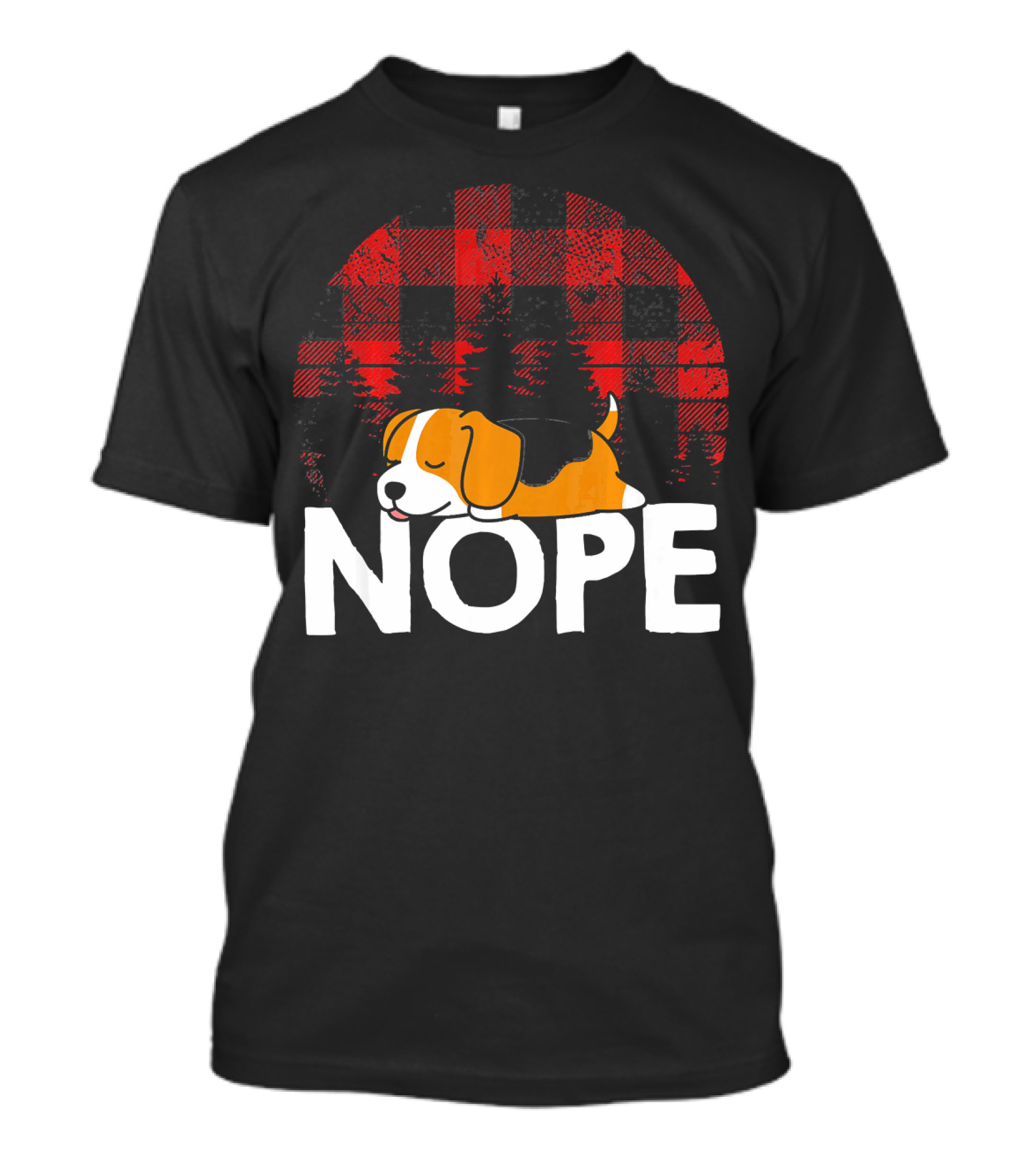 Nope Funny Lazy Beagle Dog Sleeping On Plaid Background T-Shirt