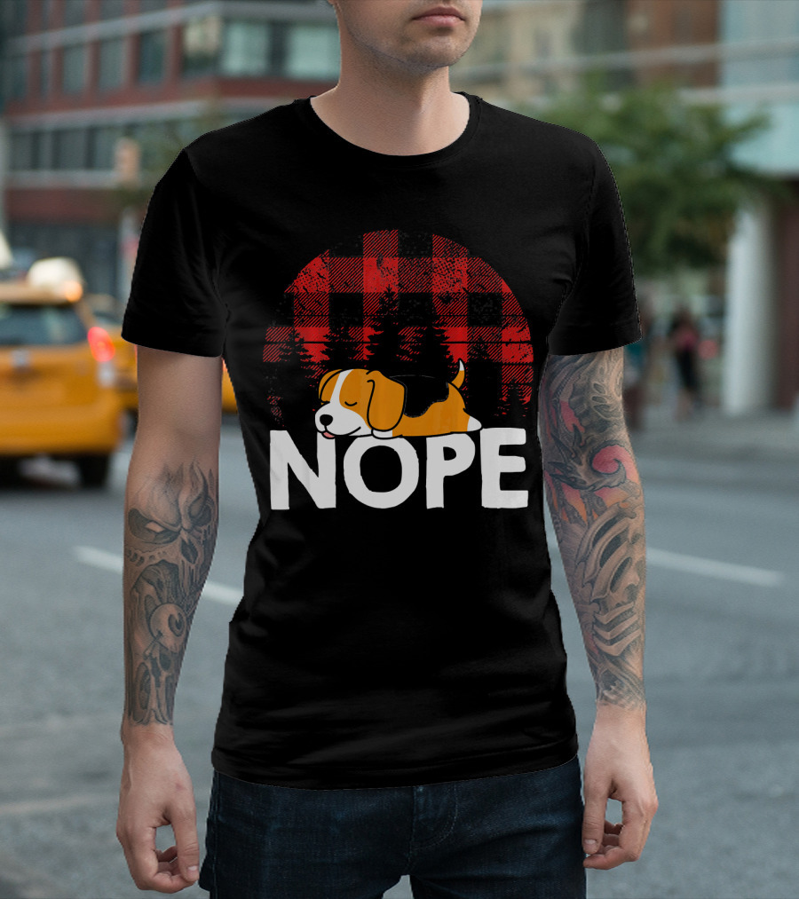 Nope Funny Lazy Beagle Dog Sleeping On Plaid Background T-Shirt