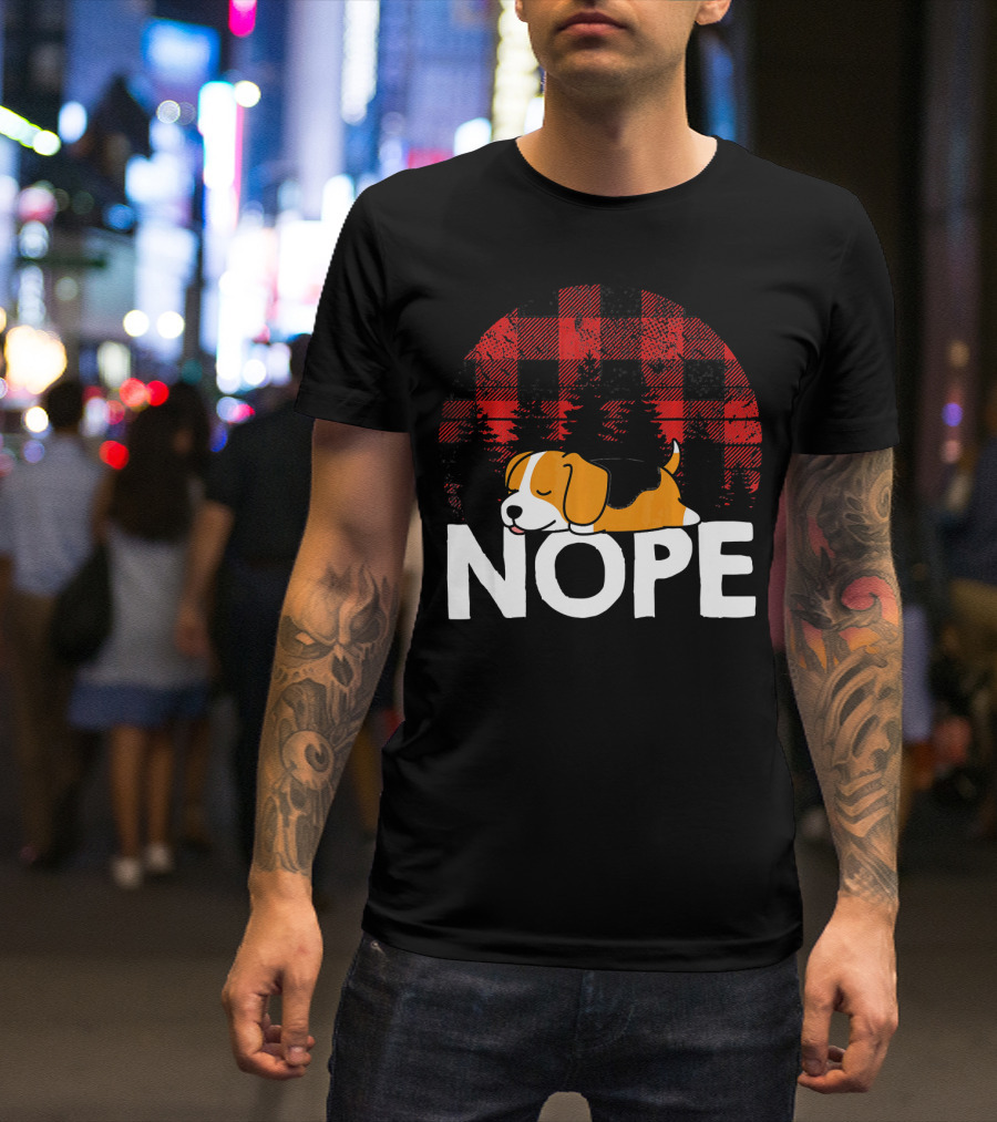 Nope Funny Lazy Beagle Dog Sleeping On Plaid Background T-Shirt