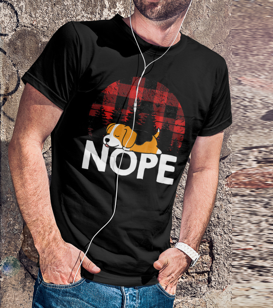 Nope Funny Lazy Beagle Dog Sleeping On Plaid Background T-Shirt