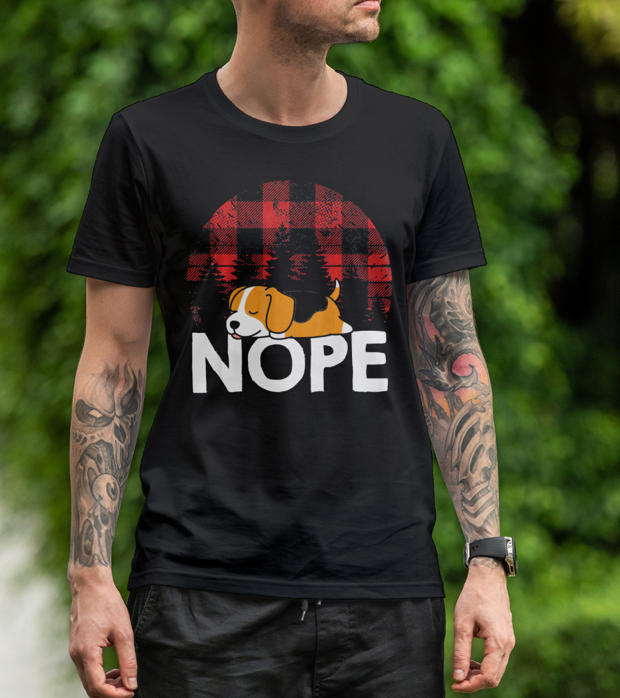 Nope Funny Lazy Beagle Dog Sleeping On Plaid Background T-Shirt