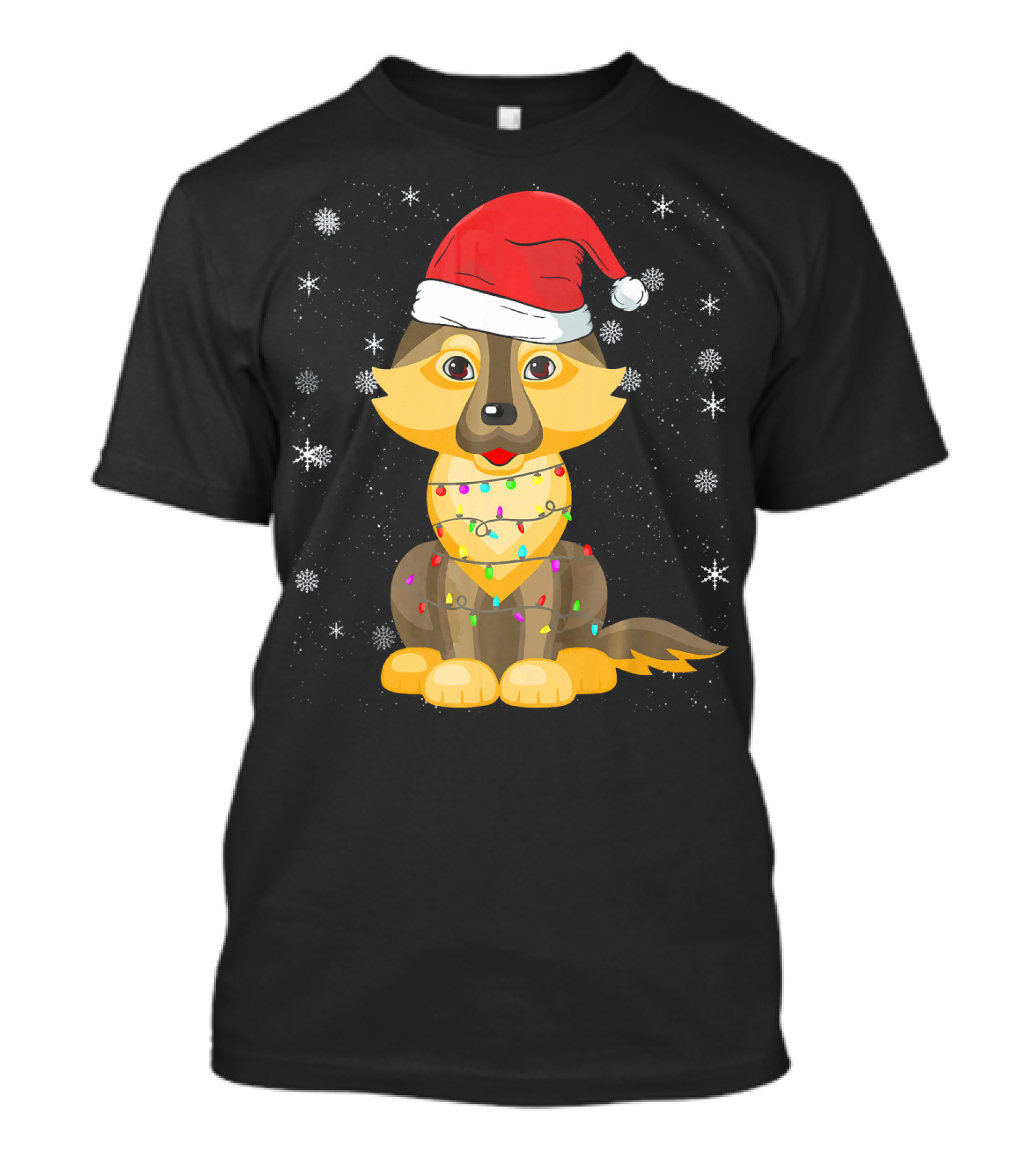 Merry Christmas German Shepherd Santa Hat Wrapped In Holiday Lights T-Shirt