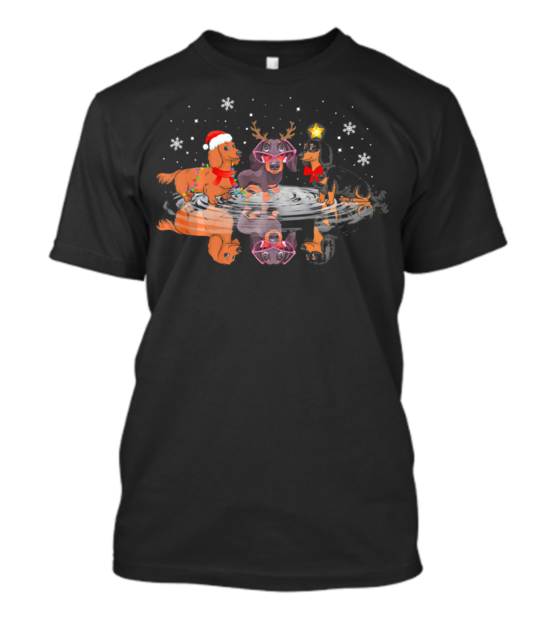 Merry Christmas Dachshund Holiday Trio With Santa Hat And Reindeer Antlers T-Shirt