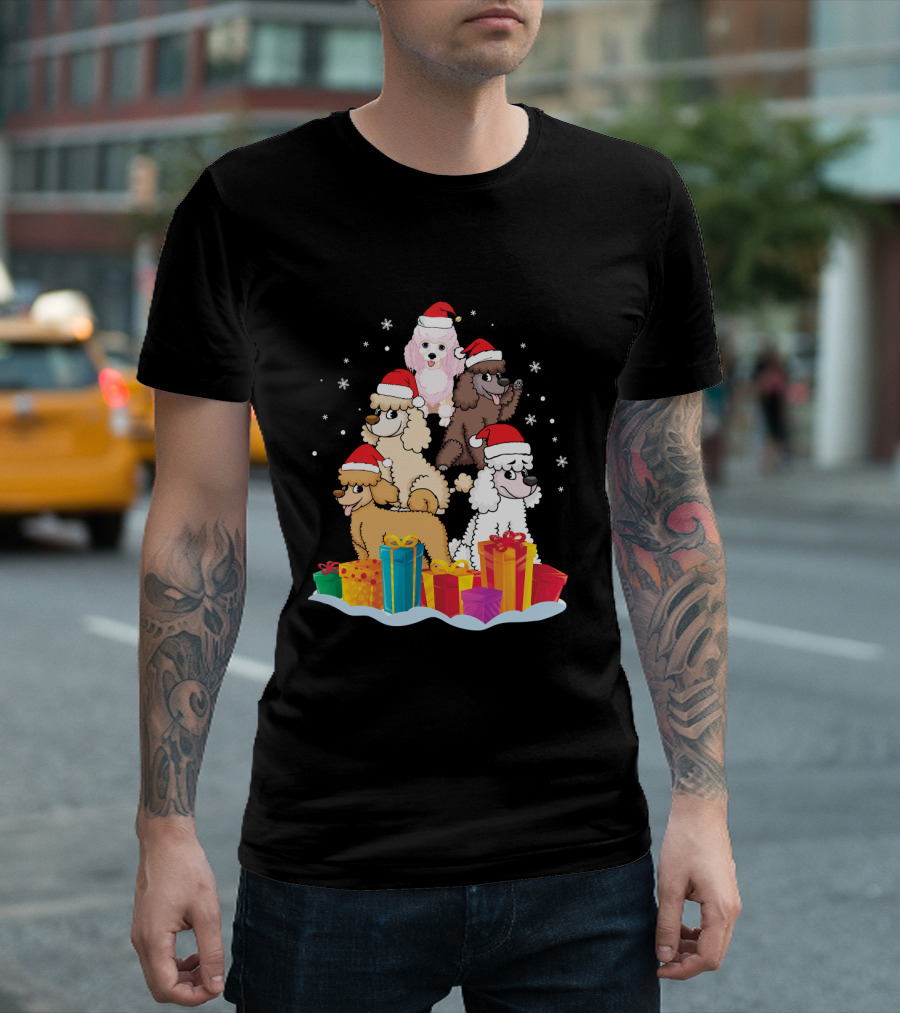 Poodle Noel Hat Christmas Presents Snowflakes Five Poodles Santa Hats T-Shirt
