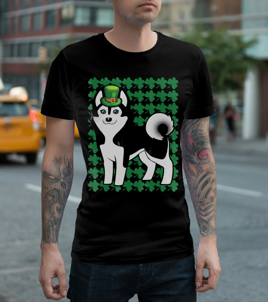 Leprechaun Siberian Husky Dog With Clover Background T-Shirt
