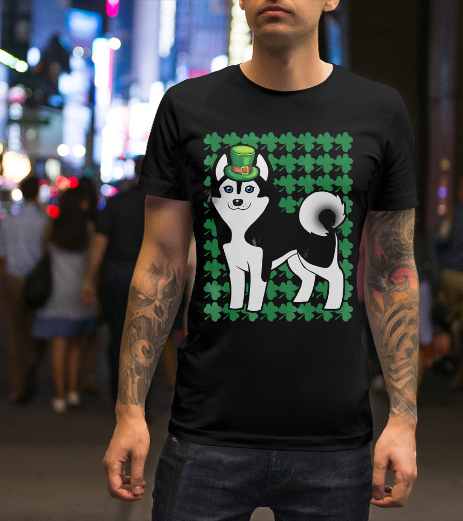 Leprechaun Siberian Husky Dog With Clover Background T-Shirt