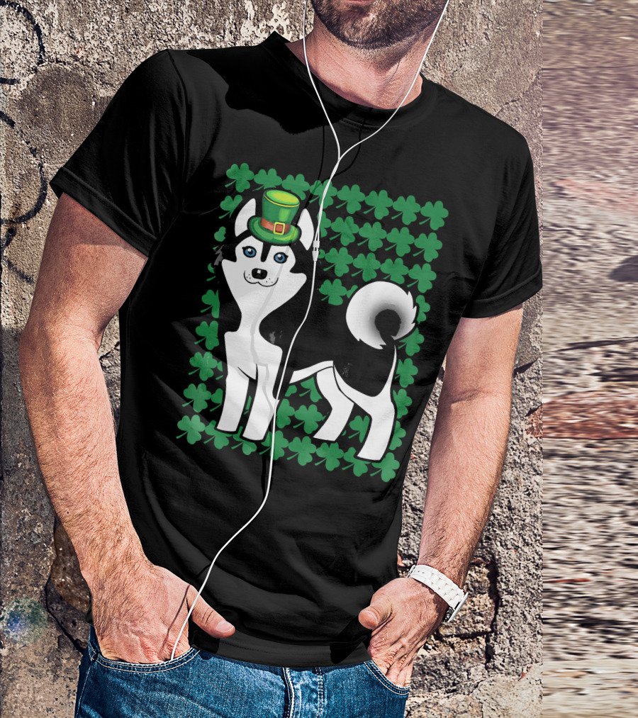 Leprechaun Siberian Husky Dog With Clover Background T-Shirt