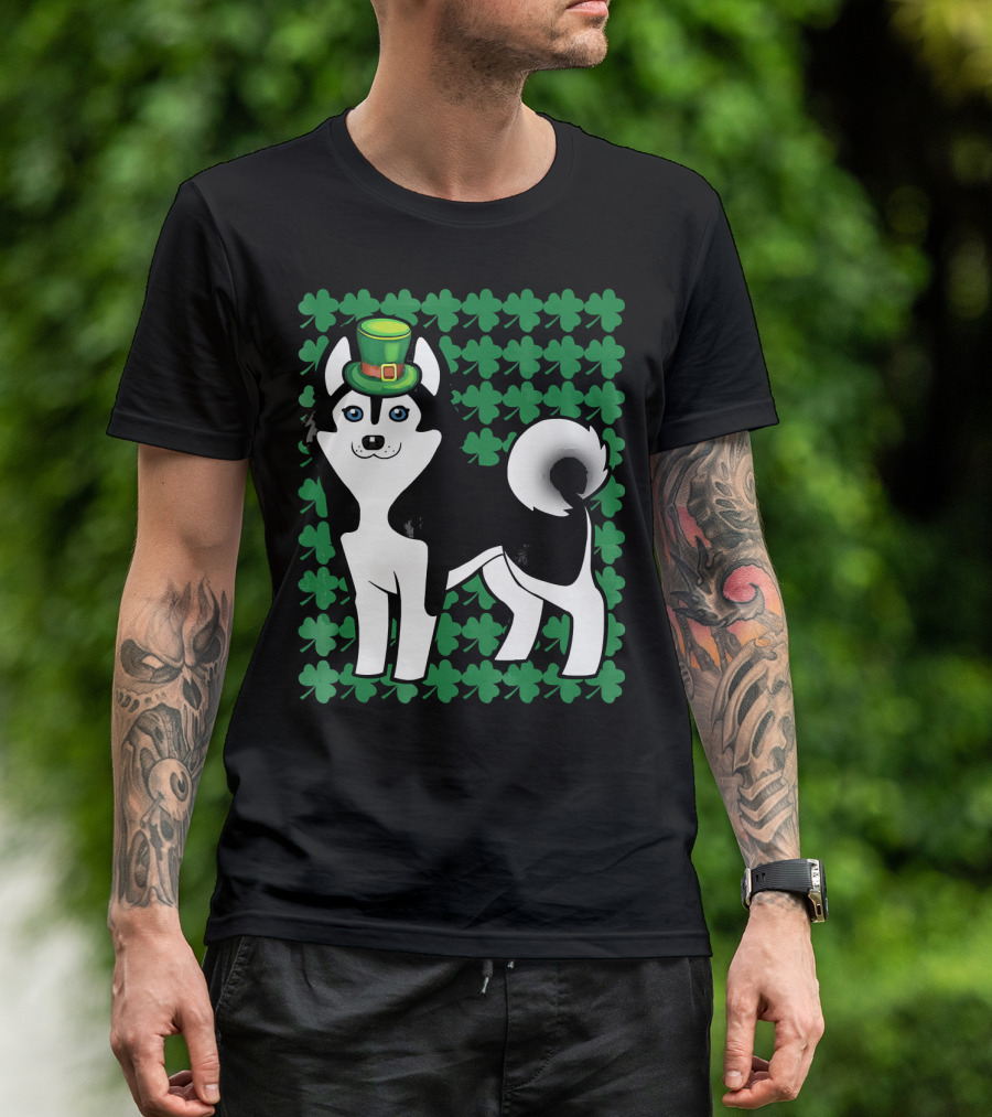 Leprechaun Siberian Husky Dog With Clover Background T-Shirt