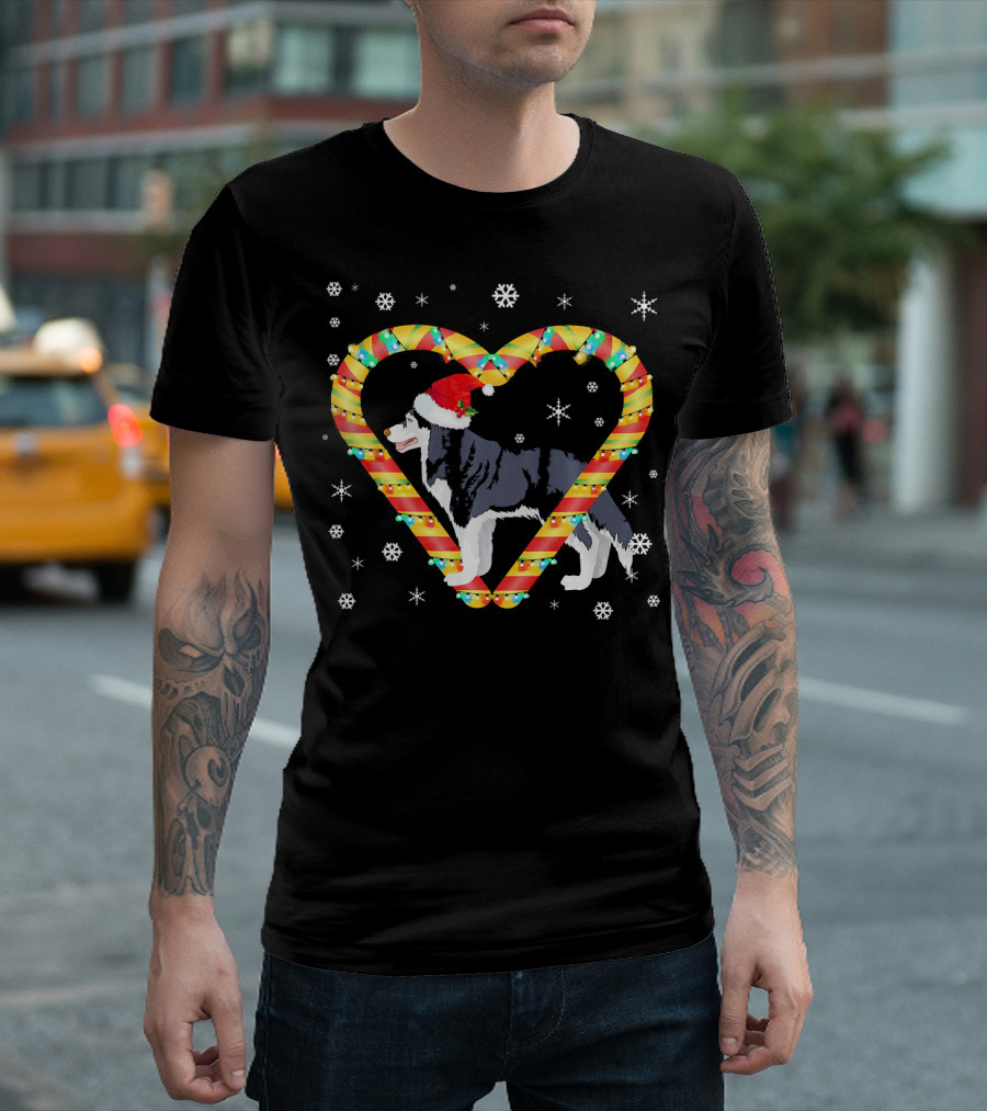Siberian Husky Christmas Candy Cane Heart with Santa Hat and Snowflakes T-Shirt