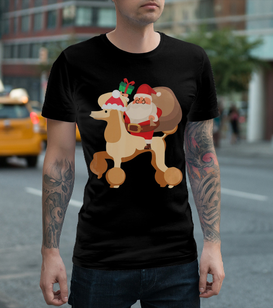 Santa Claus Carrying Gifts Riding Festive Poodle T-Shirt
