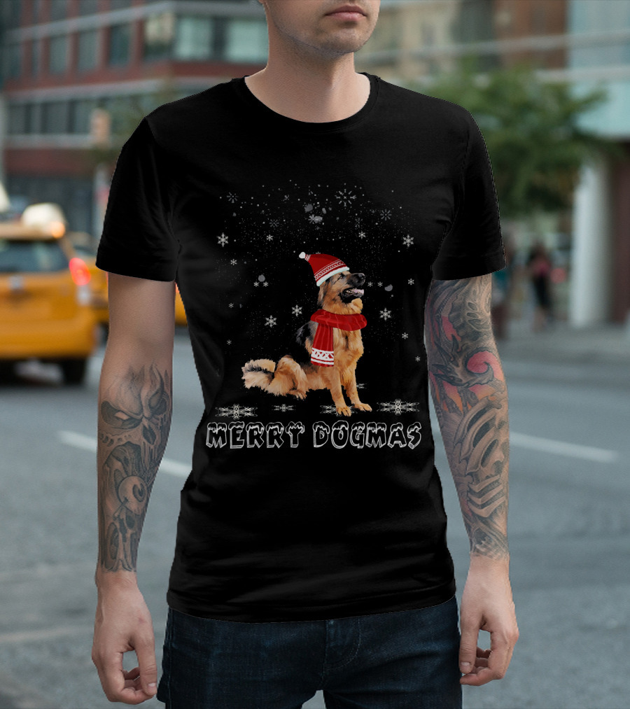 Merry Dogmas German Shepherd Snowflakes Santa Hat Scarf T-Shirt