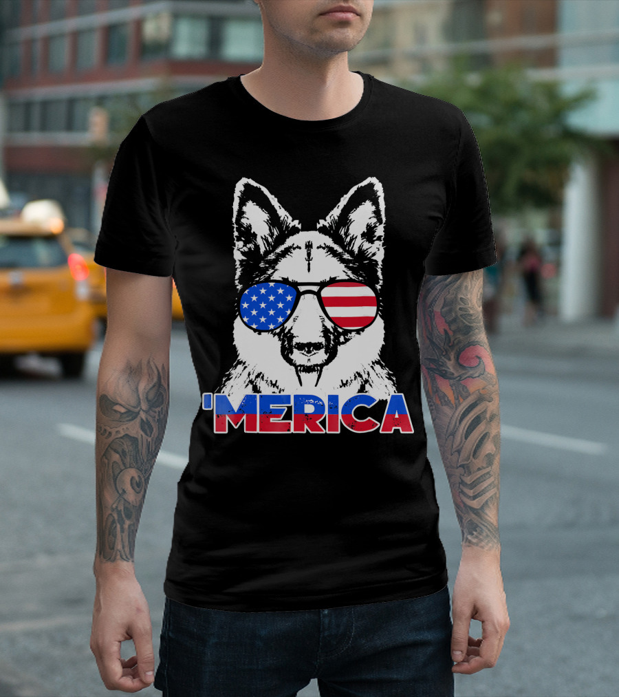 Patriot German Shepherd 'Merica With American Flag Sunglasses T-Shirt