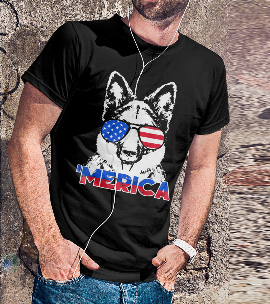 Patriot German Shepherd 'Merica With American Flag Sunglasses T-Shirt