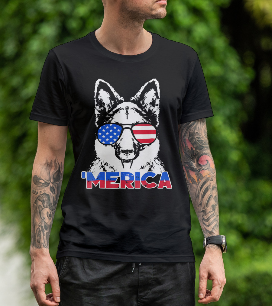 Patriot German Shepherd 'Merica With American Flag Sunglasses T-Shirt