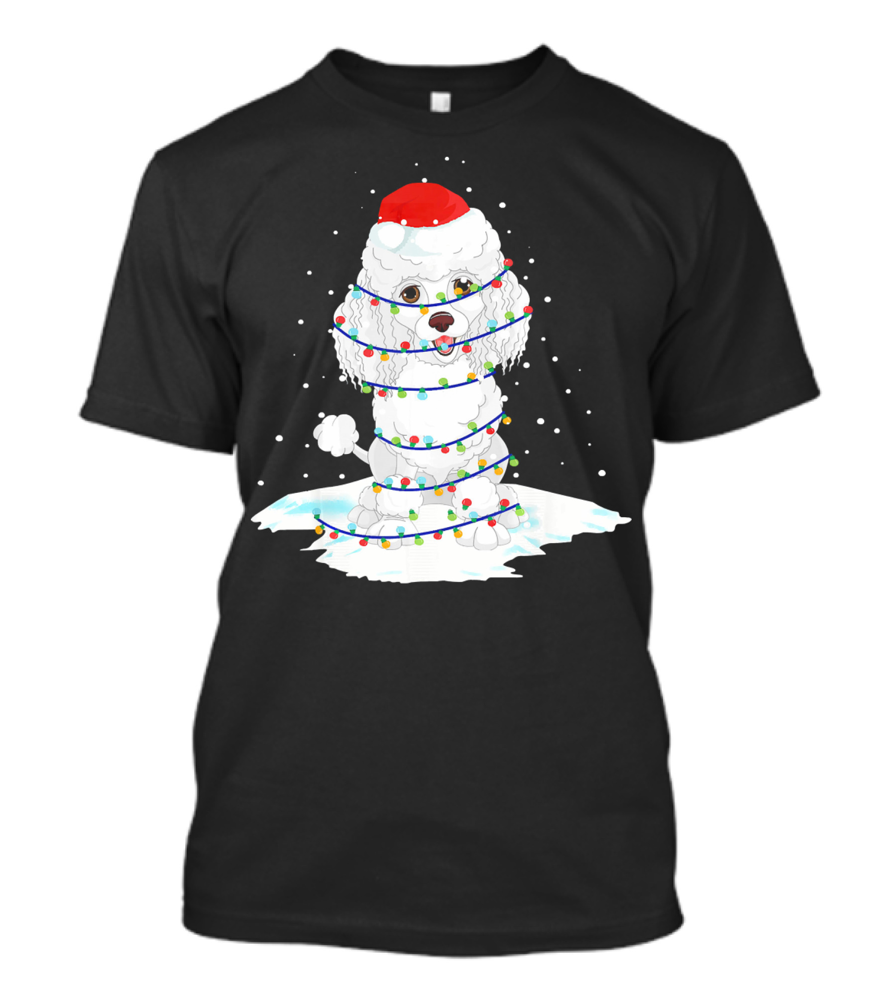 Poodle Wrapped In Christmas Lights With Santa Hat Snow Scene T-Shirt