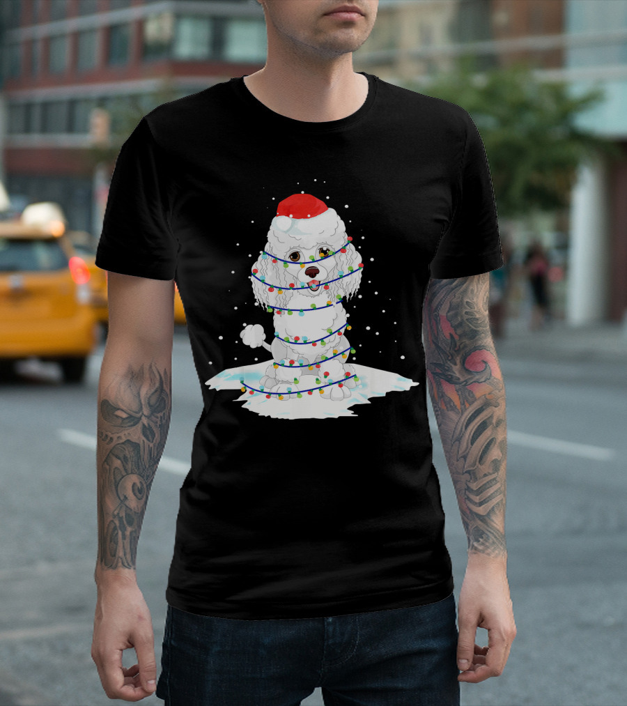 Poodle Wrapped In Christmas Lights With Santa Hat Snow Scene T-Shirt