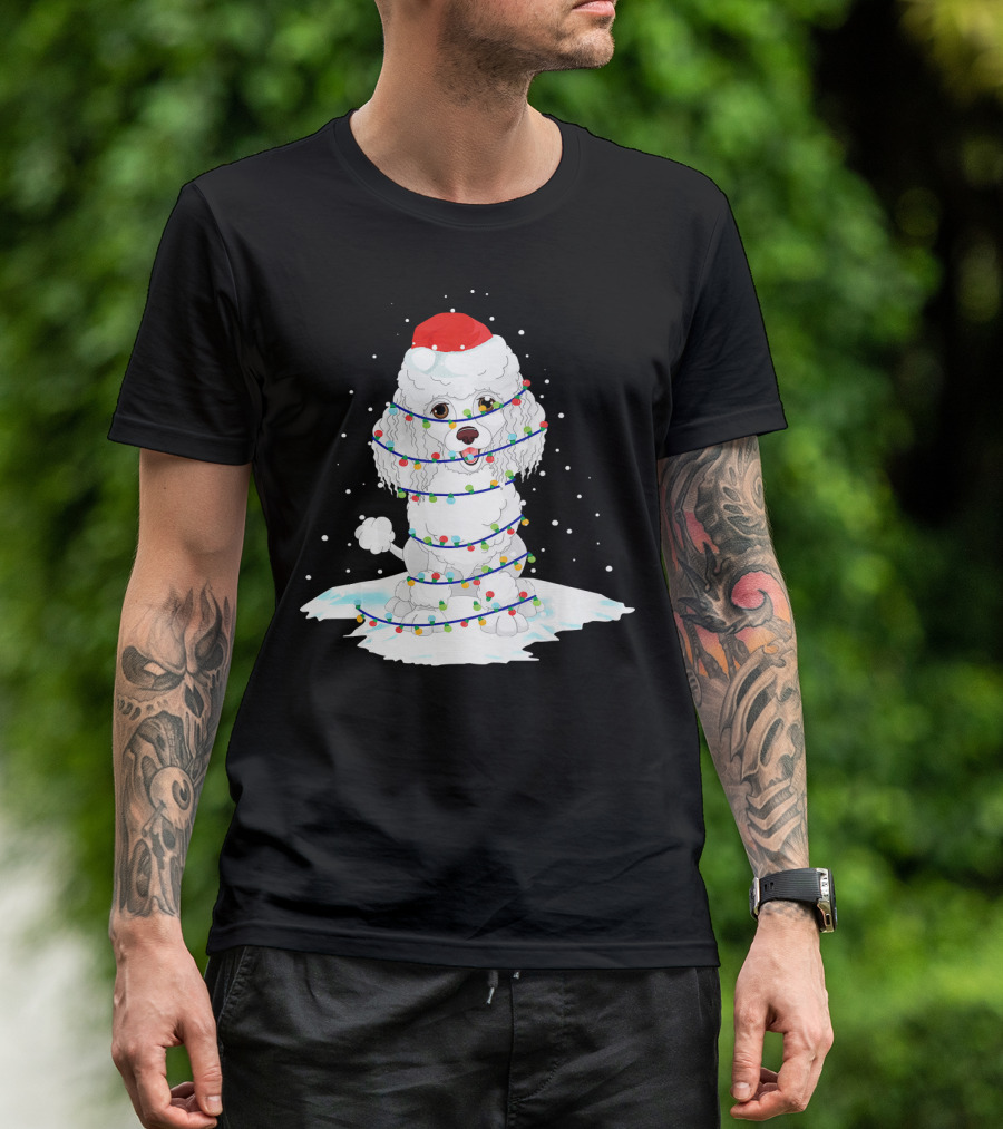 Poodle Wrapped In Christmas Lights With Santa Hat Snow Scene T-Shirt