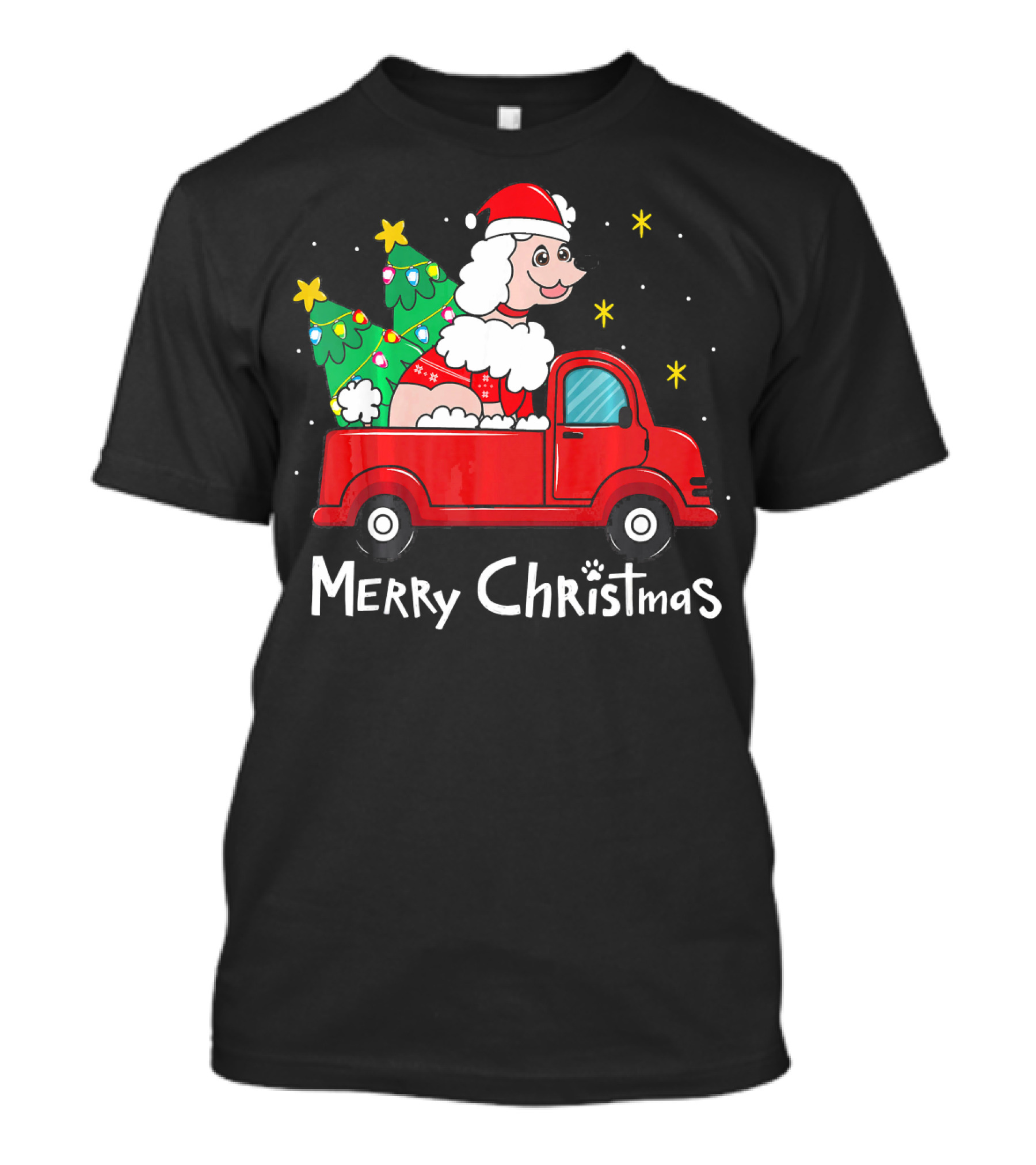 Merry Christmas Poodle Santa In Red Truck With Tree And Stars T-Shirt