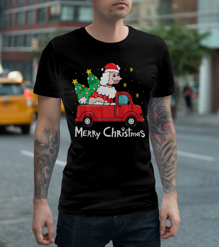Merry Christmas Poodle Santa In Red Truck With Tree And Stars T-Shirt