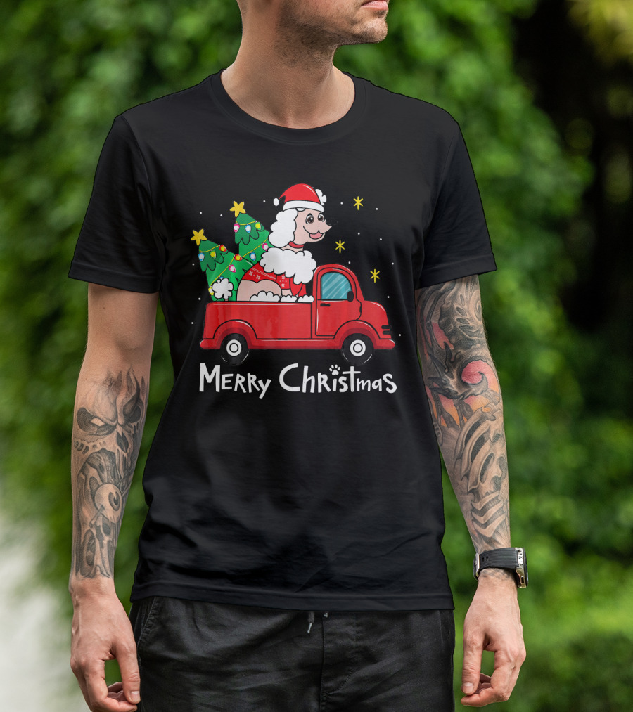 Merry Christmas Poodle Santa In Red Truck With Tree And Stars T-Shirt