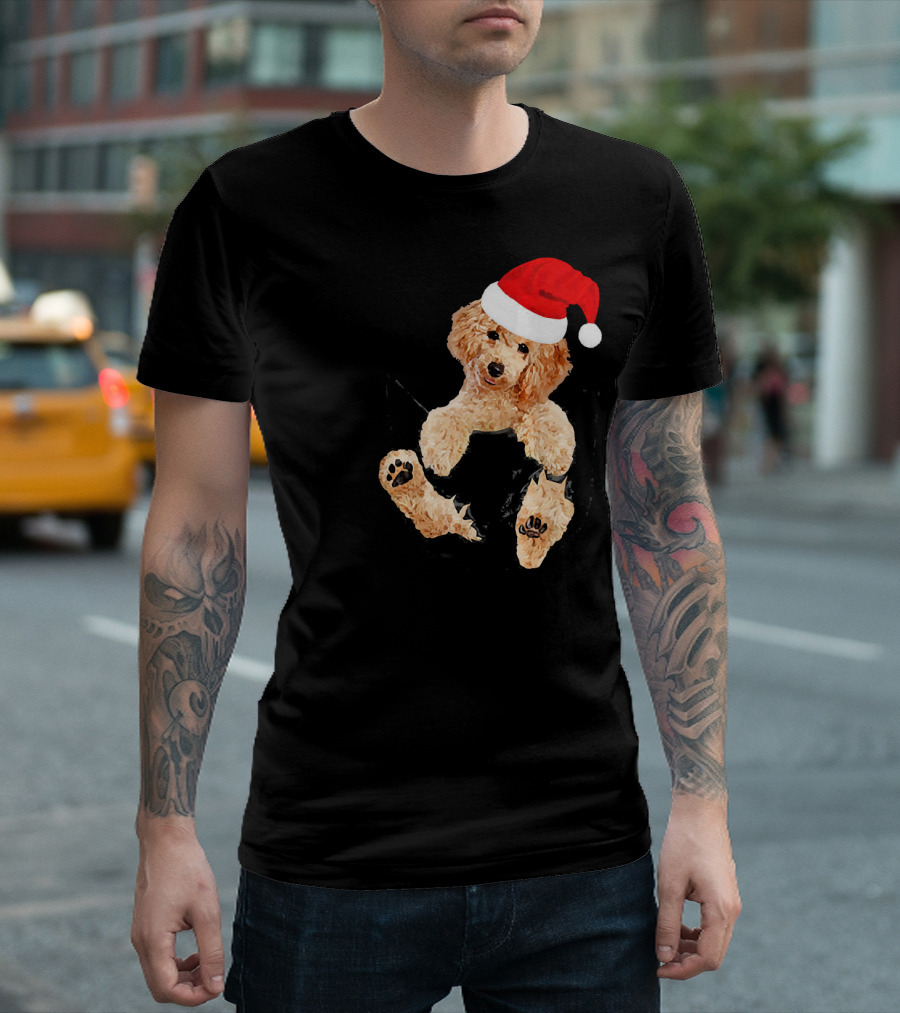 Poodle in Santa Hat Christmas Pocket T-Shirt