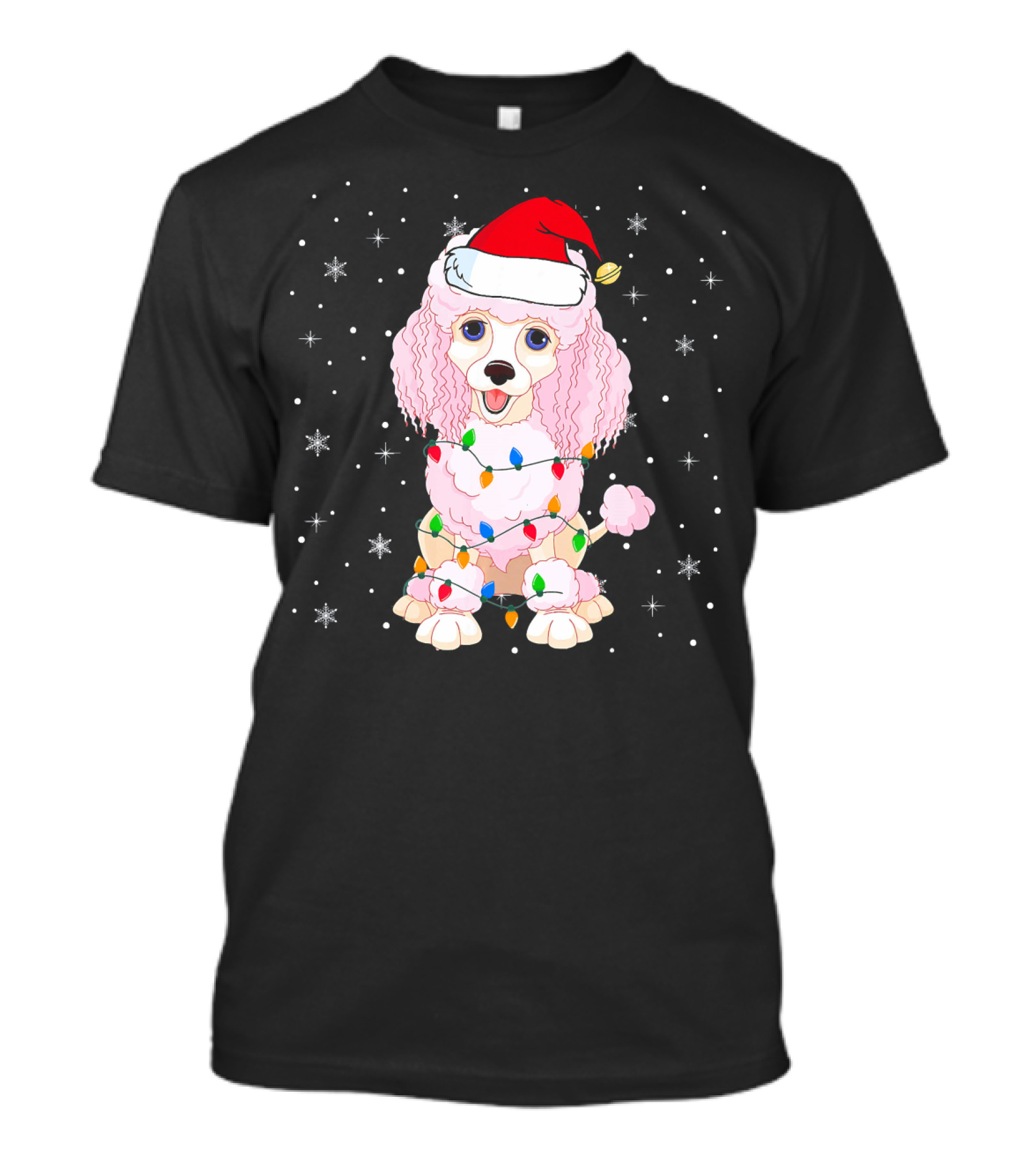Poodle Dog Wrapped In Christmas Lights Wearing Santa Hat Snowflakes T-Shirt