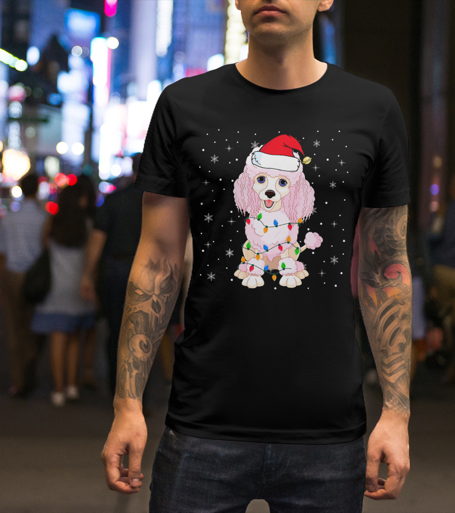 Poodle Dog Wrapped In Christmas Lights Wearing Santa Hat Snowflakes T-Shirt