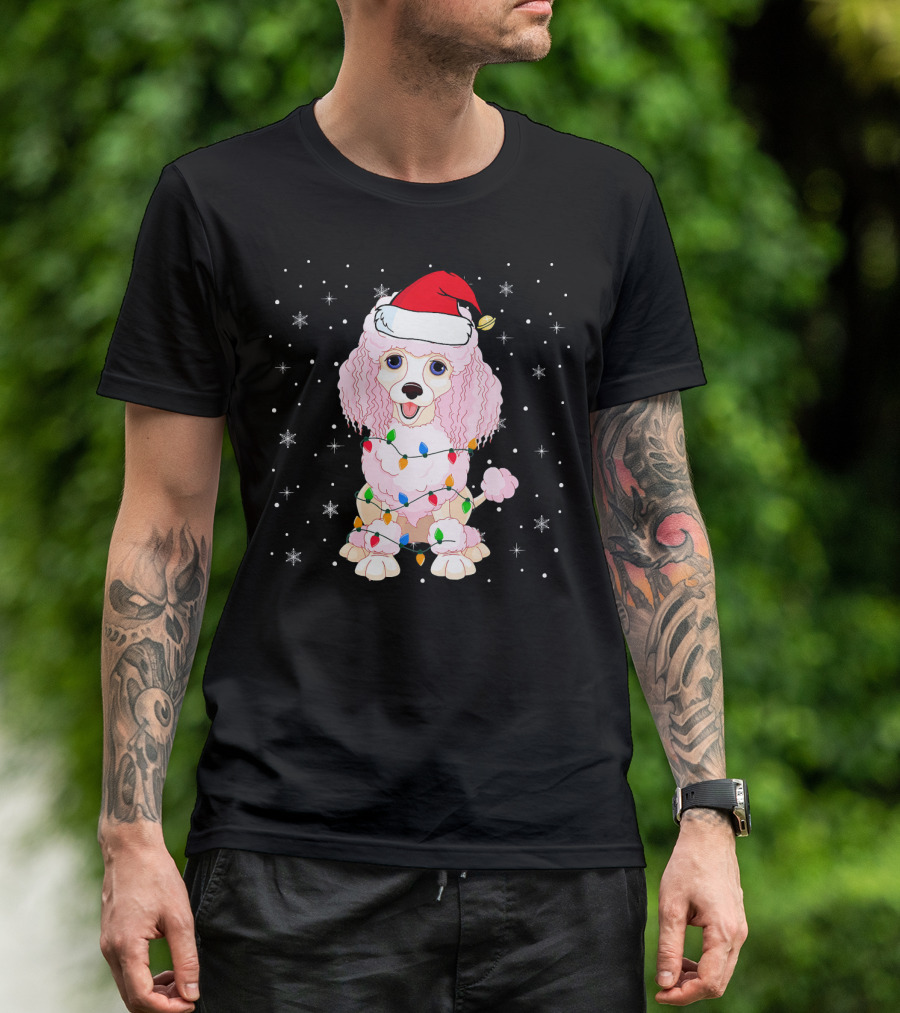 Poodle Dog Wrapped In Christmas Lights Wearing Santa Hat Snowflakes T-Shirt