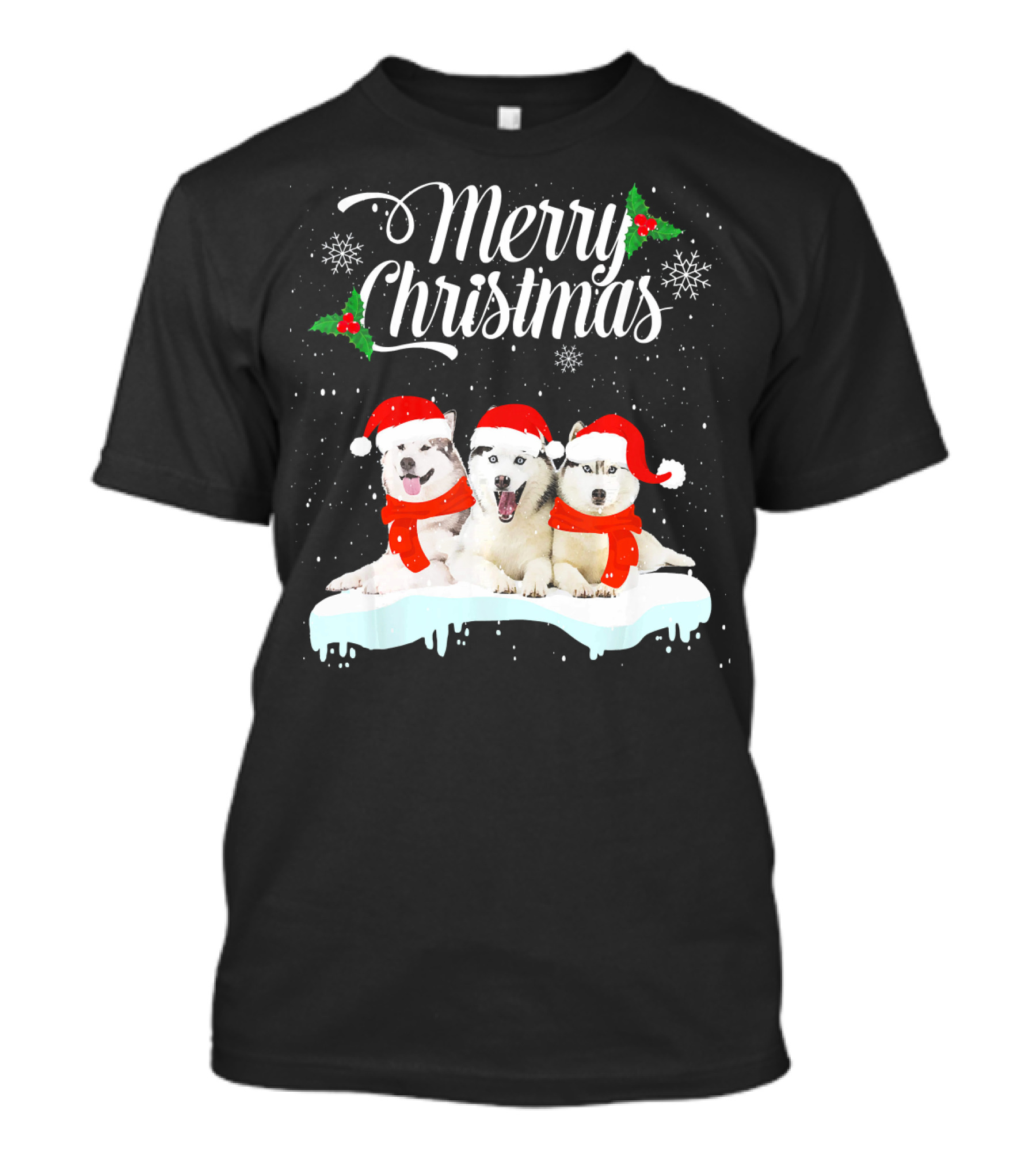 Merry Christmas Siberian Husky Dog Owner Santa Hat Holly Snowflakes T-Shirt