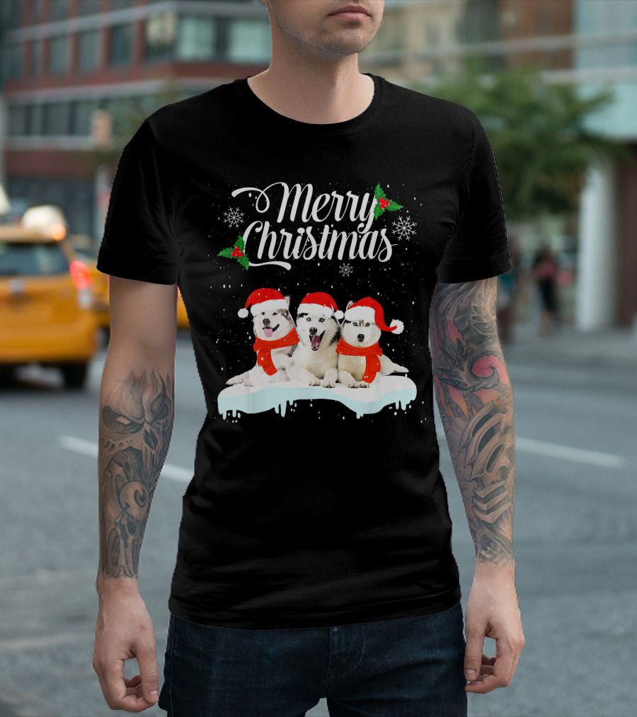Merry Christmas Siberian Husky Dog Owner Santa Hat Holly Snowflakes T-Shirt