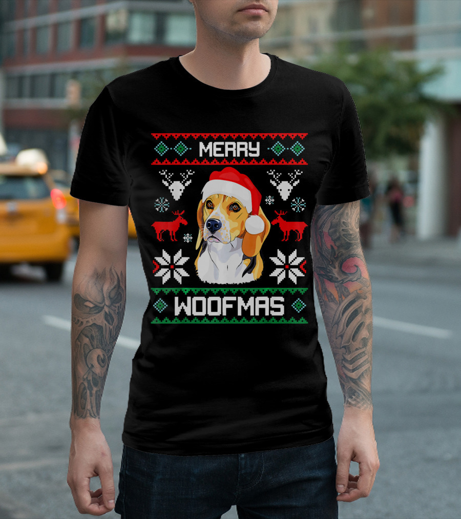Merry Woofmas Beagle Dog in Santa Hat with Festive Christmas T-Shirt