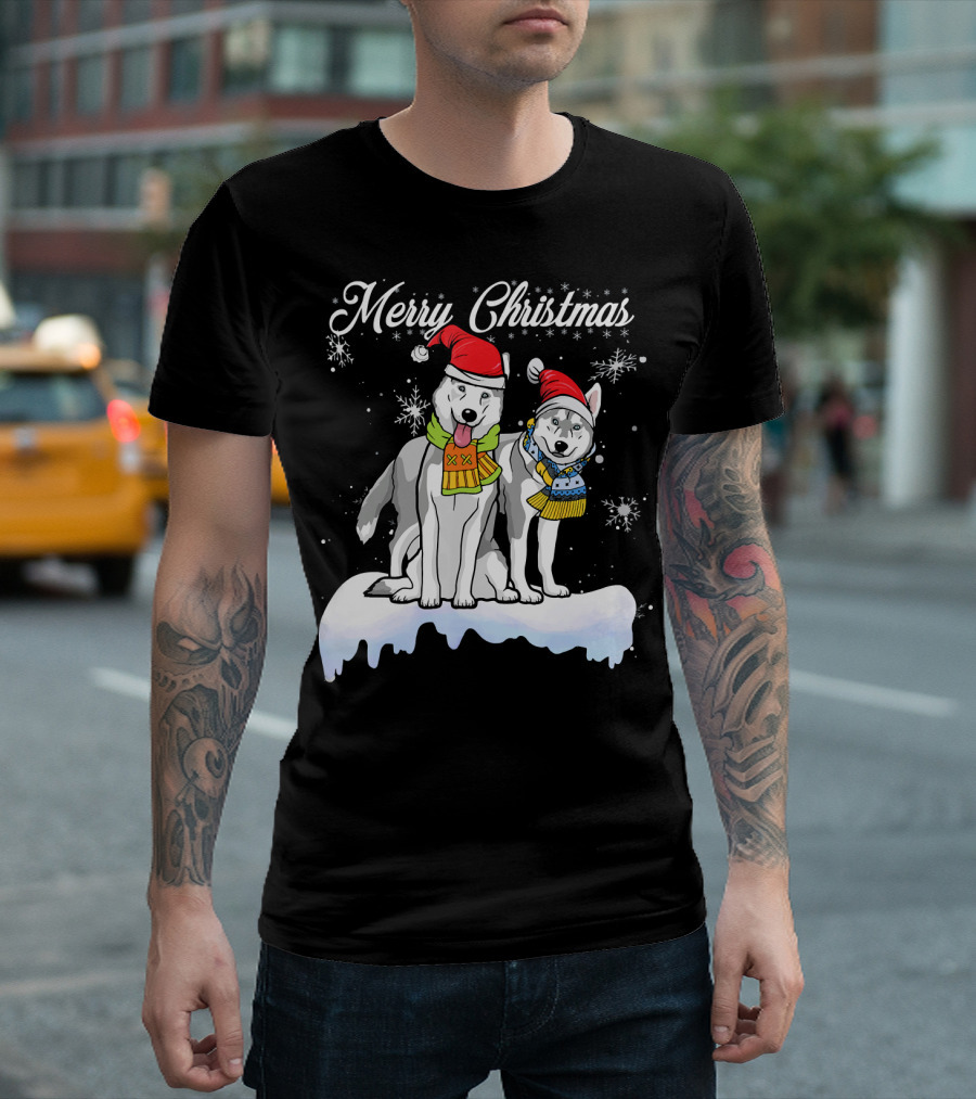 Merry Christmas Santa Hat Siberian Husky Dog Snowflakes T-Shirt