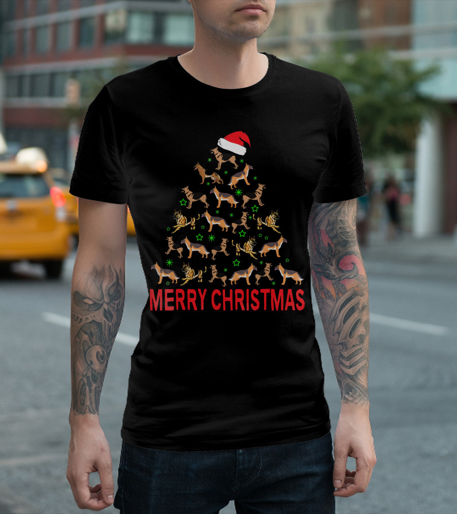 Merry Christmas German Shepherd Dog Santa Hat Tree T-Shirt
