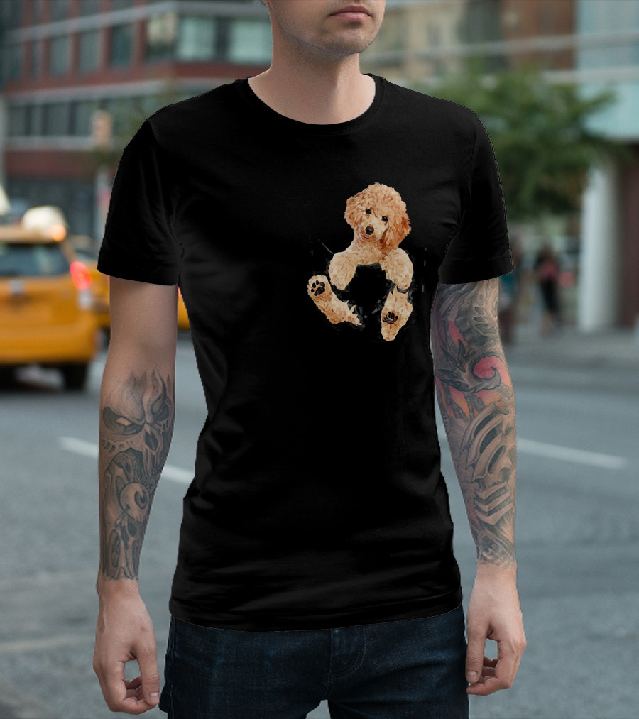 Poodle Peeking Inside Pocket with Paw Prints Fun Love T-Shirt