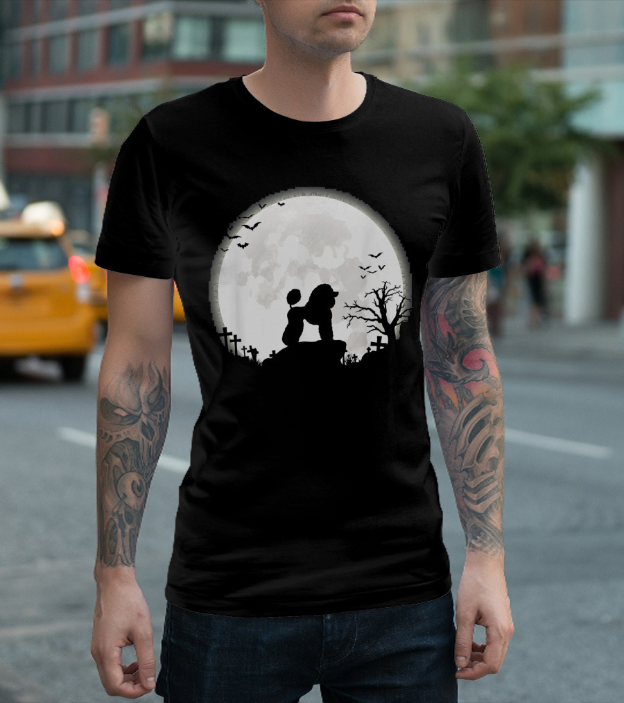Poodle in Graveyard Silhouette with Full Moon and Bats T-Shirt