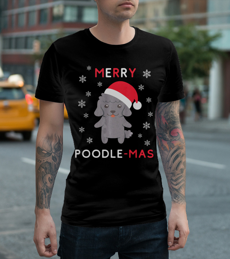 Merry Poodle-Mas Funny Christmas Poodle With Santa Hat And Snowflakes T-Shirt