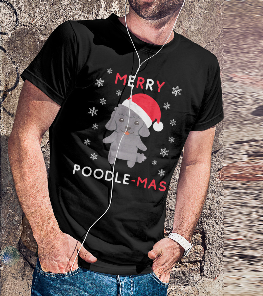 Merry Poodle-Mas Funny Christmas Poodle With Santa Hat And Snowflakes T-Shirt