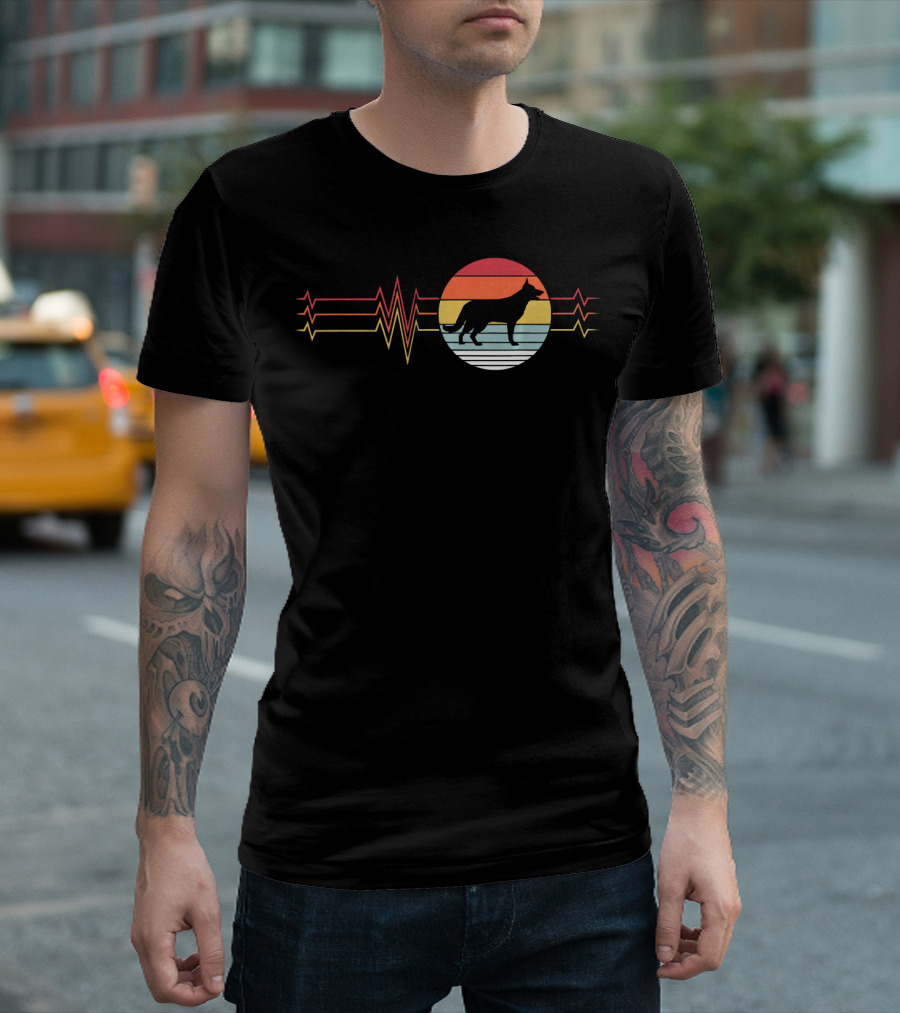 Retro Heartbeat German Shepherd Silhouette Sunset Stripes T-Shirt