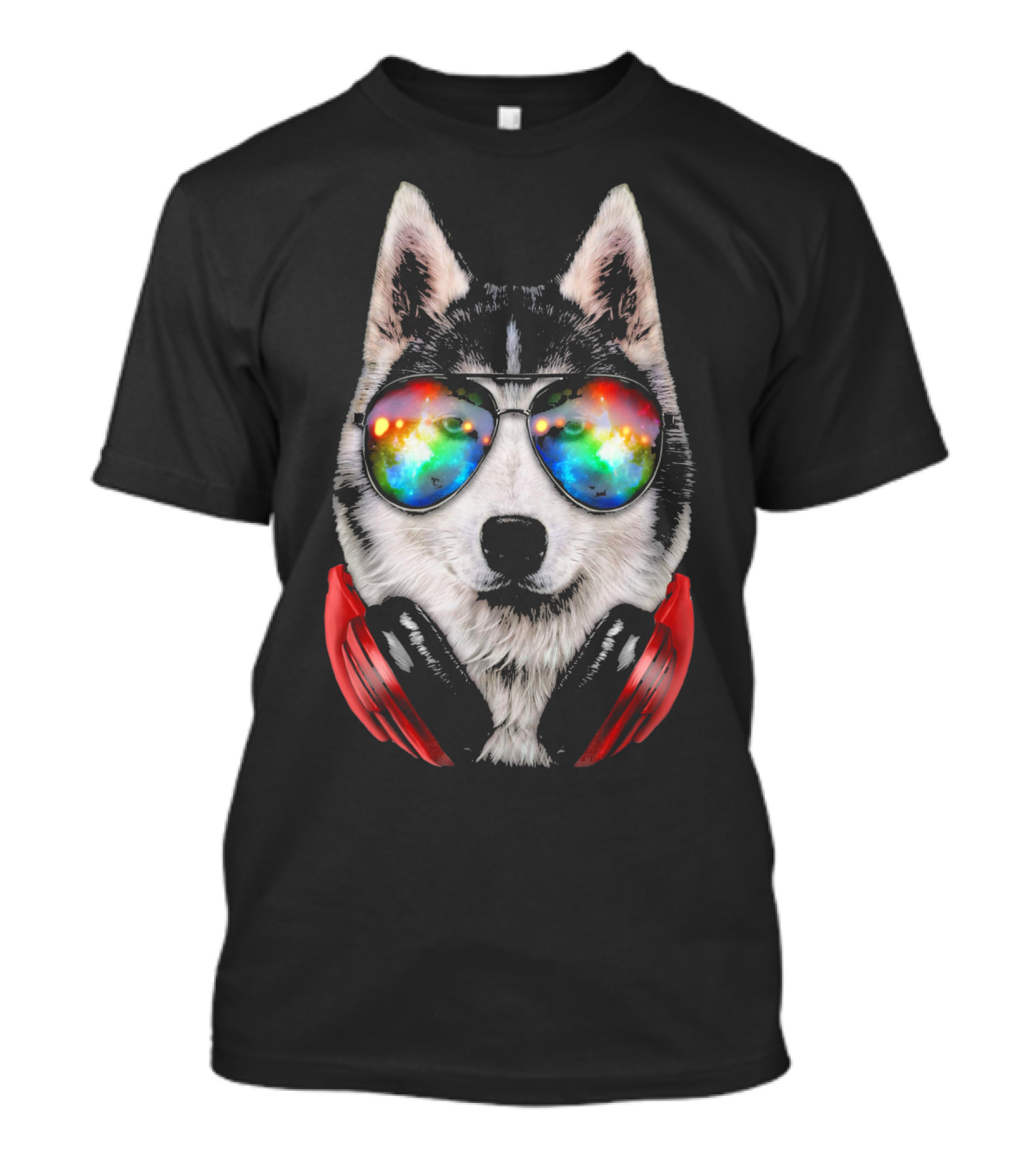 Siberian Husky Dog DJ With Galaxy Sunglasses And Red Headphones T-Shirt