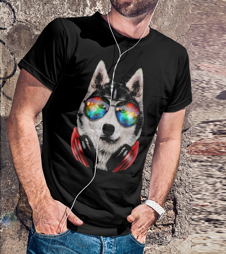 Siberian Husky Dog DJ With Galaxy Sunglasses And Red Headphones T-Shirt