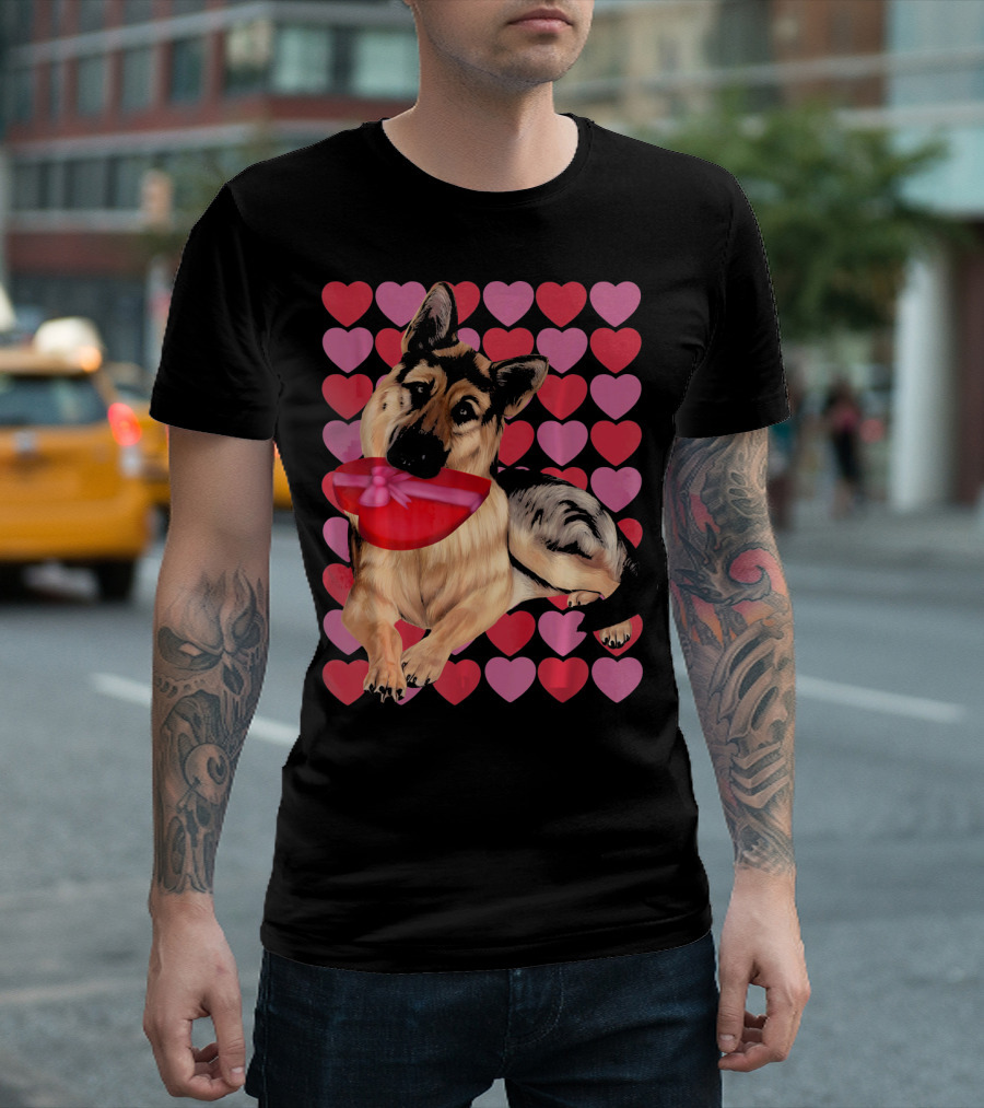 Valentines German Shepherd with Heart Background and Gift Box T-Shirt