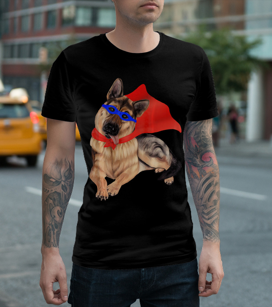 Superhero German Shepherd Dog in Red Cape and Blue Mask T-Shirt