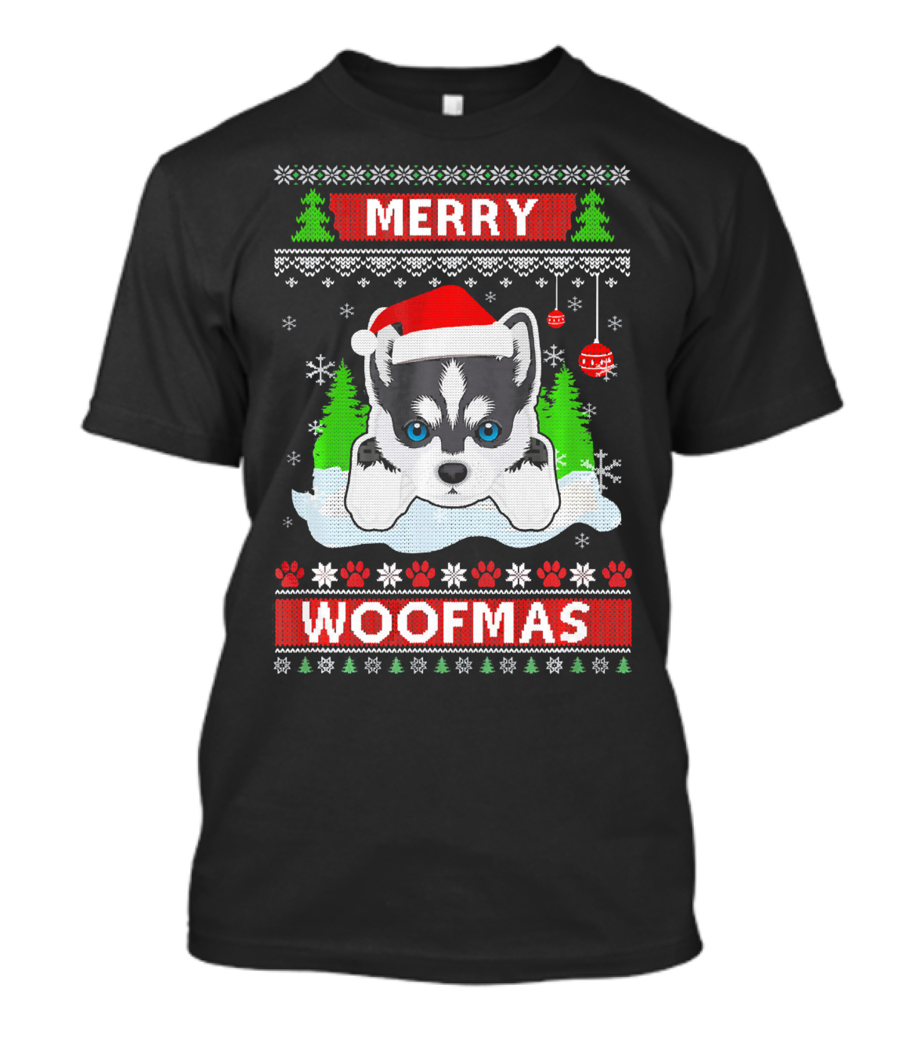 Siberian Husky Merry Woofmas Ugly Christmas Sweater Decor With Festive Trees And Snowflakes T-Shirt