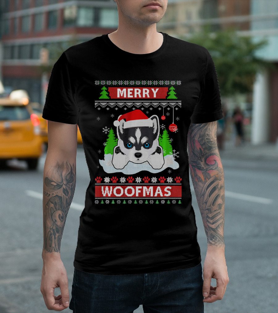 Siberian Husky Merry Woofmas Ugly Christmas Sweater Decor With Festive Trees And Snowflakes T-Shirt