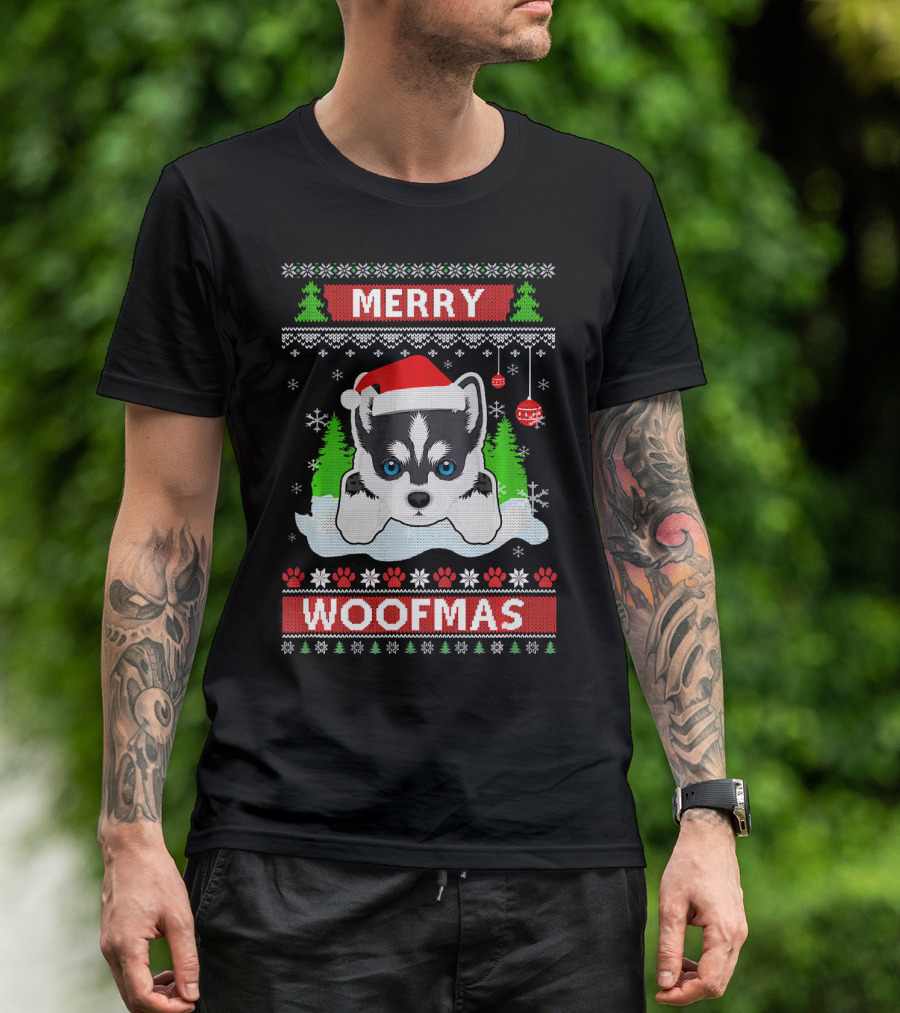 Siberian Husky Merry Woofmas Ugly Christmas Sweater Decor With Festive Trees And Snowflakes T-Shirt